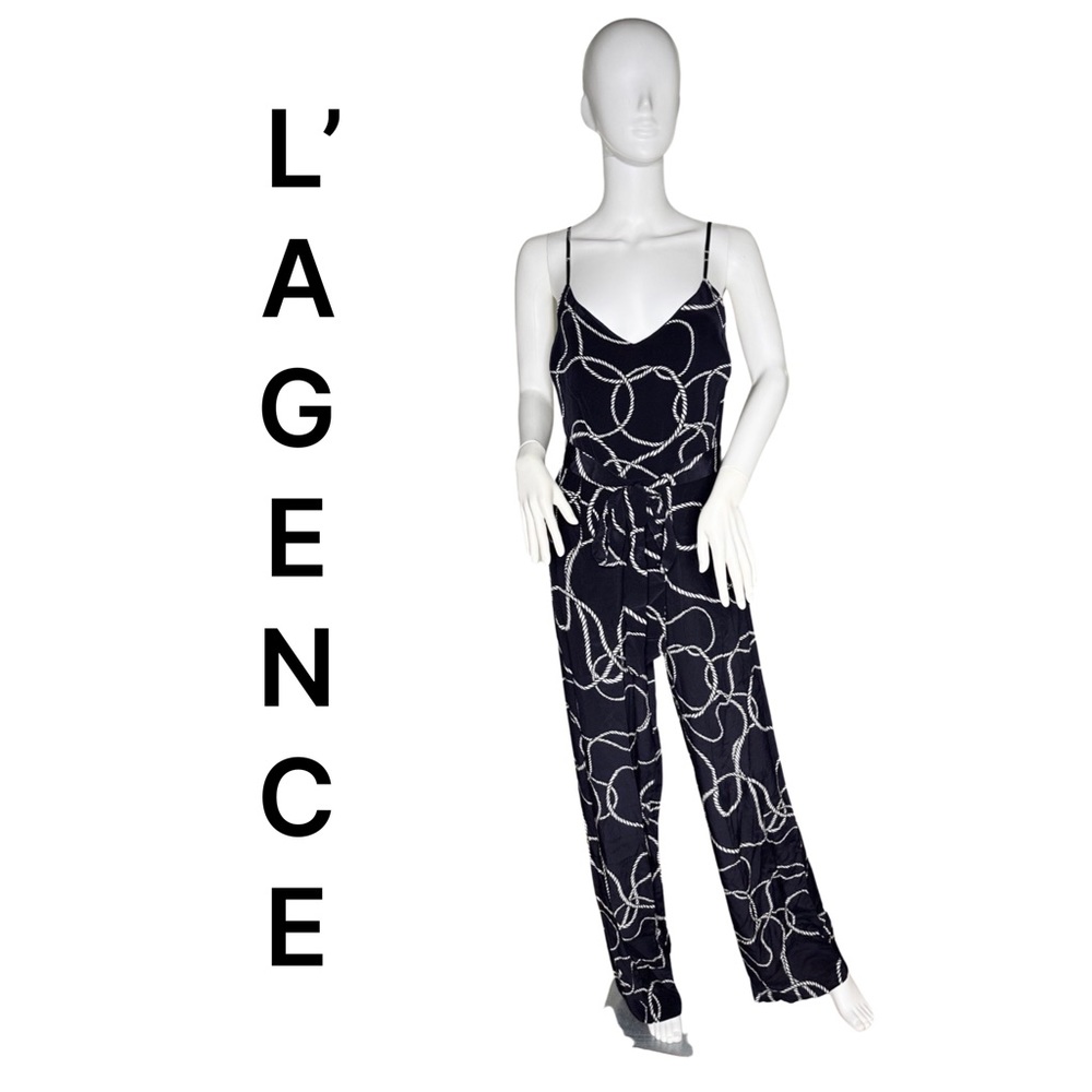 NEW L’AGENCE 100% Silk Jackie Camisole Chain Jumpsuit in Midnight Ivory NWT